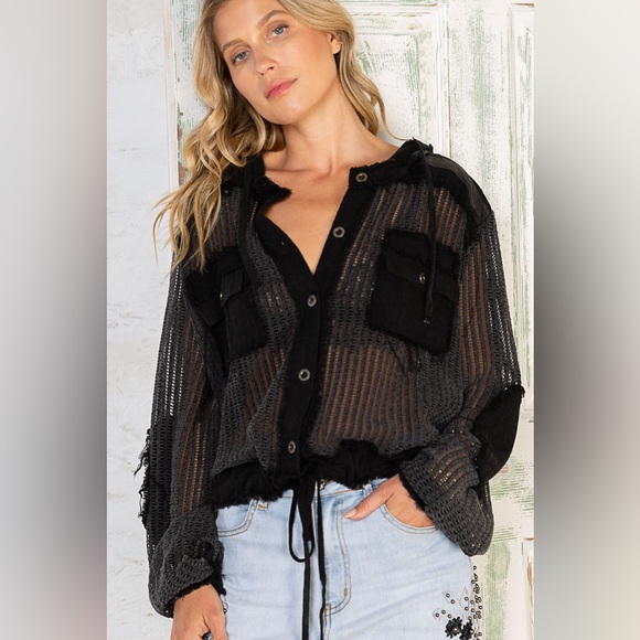 Open Knit Contrast Hooded Shacket with Frayed Edges - POL - Picture 1 of 6